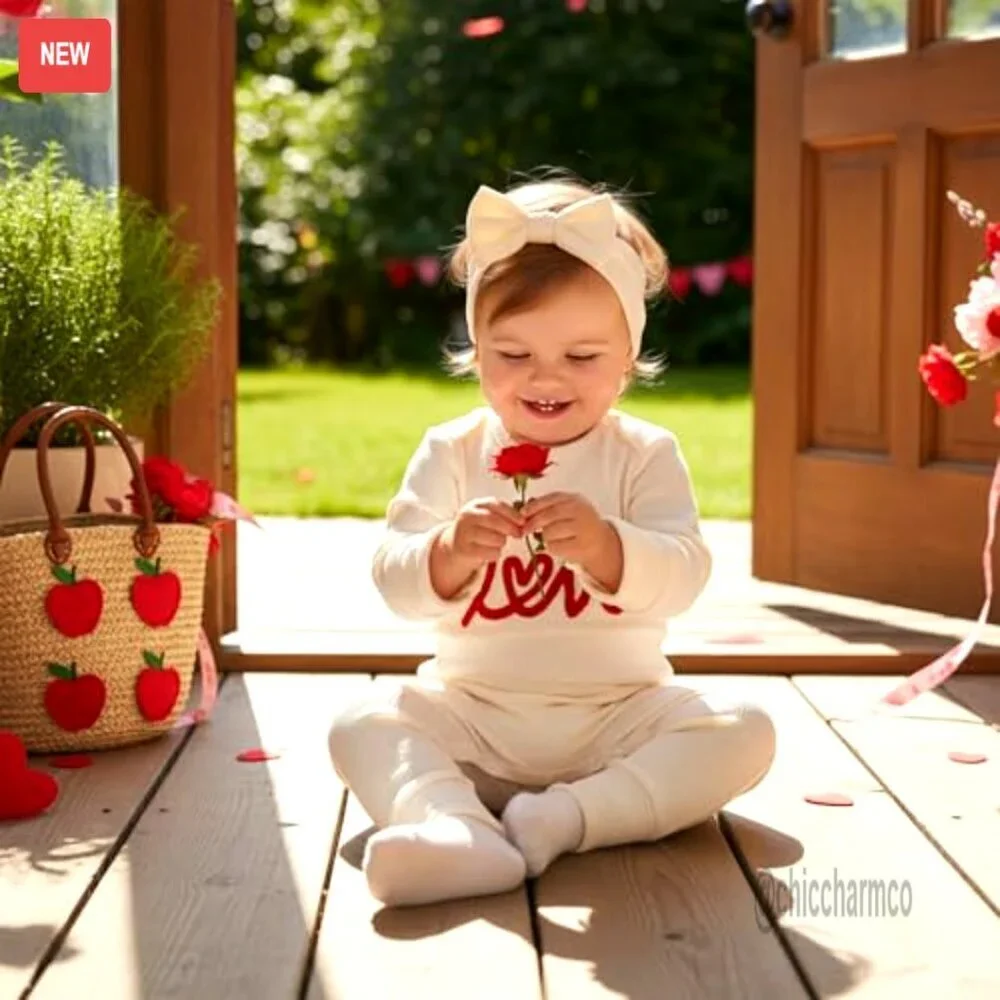 Newborn Valentine's Day Romper Long Sleeve Waffle Ruffle Jumpsuit with Headband